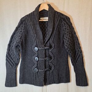 Aran Shawl Neck Two-Tone Merino Wool Cardigan‎‎‎‎‎‎‎‎ Size Small Irish Cable